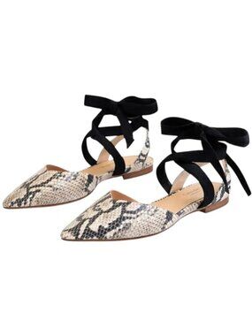 Schutz Barbrah Snakeskin Tie Ankle Ballet Flats Pointed Toe Leather 8 US / 39 EU